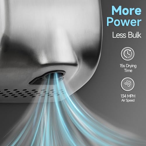 anydry Compact Hand Dryer for Bathrooms, Brushed Stainless Steel Finish | Ideal for Commercial or Home Use, High-Speed Airflow, Fast Drying, AC 100–130 V~, Smart Warm Wind, Easy Hardware Wiring - color: Brushed Stainless Steel