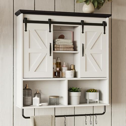 IRONCK Bathroom Wall Cabinet, Farmhouse Medicine Cabinet with Sliding Barn Door and LED Lights, Storage Cabinet Wall Mounted with Adjustable Shelves & Towel Bar for Bathroom, Kitchen, White