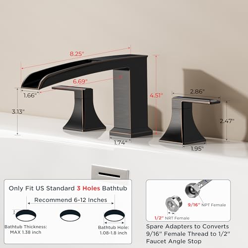 FORIOUS Roman Bathtub Faucet 3 Hole Deck Mount with 2 Handle Bronze | Tub Faucet for 3-Hole Set, 6-12" Centered Distance, Widespread Garden Bath Tub, Waterfall Spout, High Flow, Brass - color: Oil Rubbed Bronze