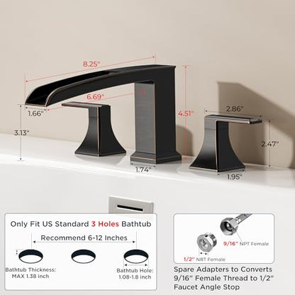 FORIOUS Roman Bathtub Faucet 3 Hole Deck Mount with 2 Handle Bronze | Tub Faucet for 3-Hole Set, 6-12" Centered Distance, Widespread Garden Bath Tub, Waterfall Spout, High Flow, Brass - color: Oil Rubbed Bronze