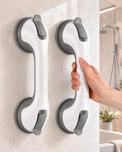 Suction Grab Bars for Bathtubs and Showers, Gel-Enhanced Heavy Duty Stable Grip Safety Bars for Seniors and Elderly, 2 Pack No Drilling Removable Bathroom Handles for Tub and Shower Support - color: Gray & White
