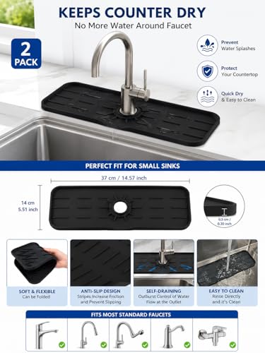 Silicone Sink Splash Guard for Faucet, 2 Pack, 37 x 14 cm, Compact Size for Small Sinks” Water Catcher Mat, Anti-Slip, Quick Dry Kitchen Sink Protector (Black)