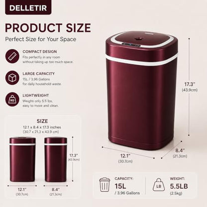 Smart Trash Can, Motion Sensor Trash Can with Lid, 15L Touchless Automatic Garbage Can for Bathroom, Bedroom & Office, Stainless Steel, Quiet Soft-Close, Long Battery Life, Wine - color: Wine