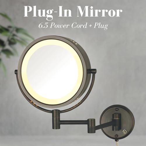 JERDON Lighted Wall-Mount Makeup Mirror - 8X - Bronze - HL75BZ | 8.5" Diameter, 13.5" Wall Arm, LED Lighting, Corded Plug-In Power