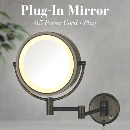 JERDON Lighted Wall-Mount Makeup Mirror - 8X - Bronze - HL75BZ | 8.5" Diameter, 13.5" Wall Arm, LED Lighting, Corded Plug-In Power