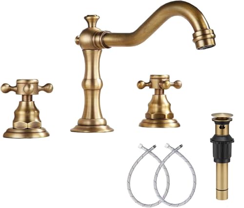 8 inch 2 Handles 3 Holes Widespread Bathroom Sink Faucet Antique Brass Bathroom Vanity Faucet Basin Mixer Tap Faucet Matching Metal Pop Up Drain with Overflow - color: Antique Brass, style: Metal Cover