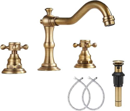8 inch 2 Handles 3 Holes Widespread Bathroom Sink Faucet Antique Brass Bathroom Vanity Faucet Basin Mixer Tap Faucet Matching Metal Pop Up Drain with Overflow - color: Antique Brass, style: Metal Cover