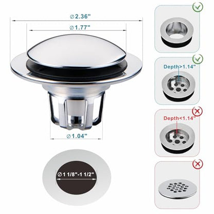WELSAN Chrome Plated Bathroom Sink Drain Strainer 1 1/8"-1 1/2", 2 Pack | Bathroom Sink Stopper Replacement, Universal Pop-Up Drain Stopper Plug Strainer with Hair Catcher, Anti-Clogging Design - color: Chrome Plated-2
