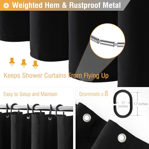 48x72 Linen Textured Waterproof Thick Fabric Shower Curtain Set, Black | Stall Size, 230GSM Polyester, Heavy Duty Cloth, Weighted Hem, 8 Plastic Hooks, Modern Luxury Hotel Style, Machine Washable - color: Black, size: 48"W x 72"L (Pack of 1)