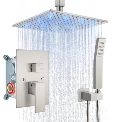 Aolemi Ceiling Shower Faucet Set with Handheld 10" LED Head Brushed Nickel | Handheld Spray,10 Inch Rain LED Head,Shower Valve and Trim Kit,All Metal,Ceiling System,Bathroom Mixer - color: Nickel, size: 10 Inch LED Shower Head