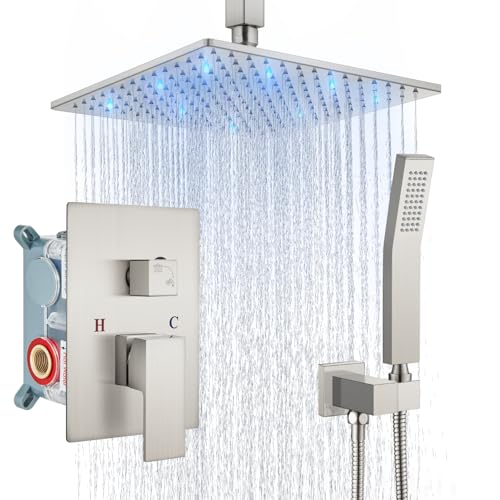 Aolemi Ceiling Shower Faucet Set with Handheld 10" LED Head Brushed Nickel | Handheld Spray,10 Inch Rain LED Head,Shower Valve and Trim Kit,All Metal,Ceiling System,Bathroom Mixer - color: Nickel, size: 10 Inch LED Shower Head