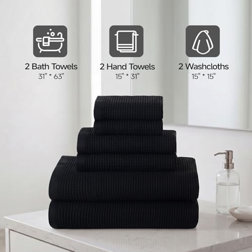 ecolook 6-Piece Waffle Weave Towel Set, 100% Cotton, Lightweight, Absorbent & Quick-Drying, 2 Bath Towels (31×63 in), 2 Hand Towels, 2 Washcloths, Lint-Free for Bathroom, Pool, Gym, Travel - Black - color: Black