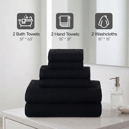 ecolook 6-Piece Waffle Weave Towel Set, 100% Cotton, Lightweight, Absorbent & Quick-Drying, 2 Bath Towels (31×63 in), 2 Hand Towels, 2 Washcloths, Lint-Free for Bathroom, Pool, Gym, Travel - Black - color: Black