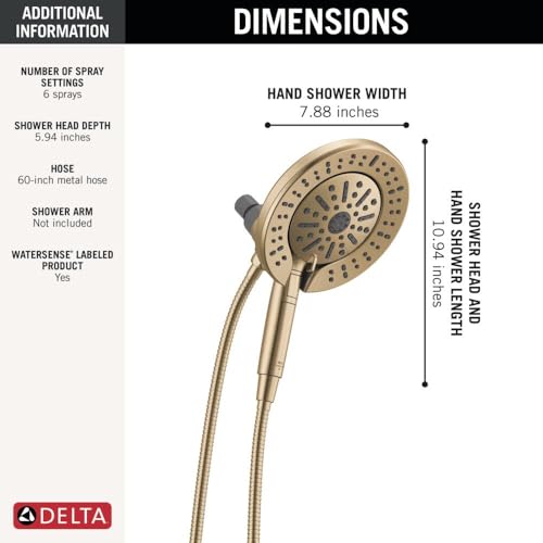 Delta 6-Setting In2ition 2-in-1 Dual Shower Head with Handheld High Pressure ProClean Spray, Brushed Gold Detachable Shower Head with Hose, 1.75 GPM Flow Rate, Champagne Bronze 75655CZ - color: Champagne Bronze