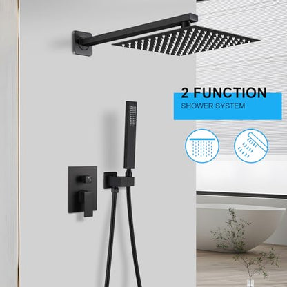 Matte Black Shower Faucet Set, Rainfall Bathroom Shower System Fixture 10 Inch High Pressure Square Rain Shower Head with Handheld Sprayer Combo Wall Mount with cUPC Certified Rough-in Valve - color: Black, style: 10"