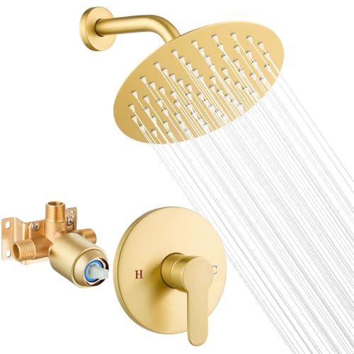 Airuida Shower Faucet Set,8 Inch Brushed Gold Shower Trim Kit | Round Rainfall Shower Head,Single Handle,Male Threads Rough-in Valve,Wall Mount Bathroom System - color: Gold, size: 8 Inch