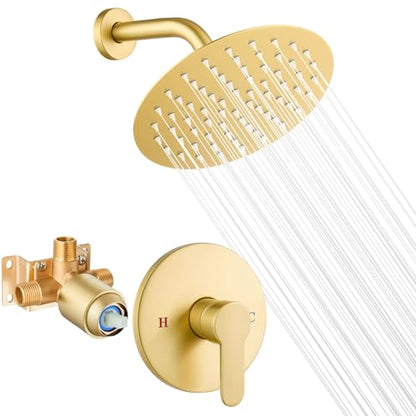 Airuida Shower Faucet Set,8 Inch Brushed Gold Shower Trim Kit | Round Rainfall Shower Head,Single Handle,Male Threads Rough-in Valve,Wall Mount Bathroom System - color: Gold, size: 8 Inch