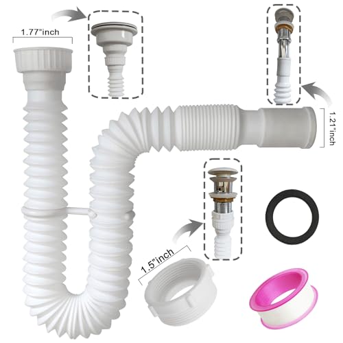 White Flexible Expandable Bathroom P Trap, 1 1/4 to 1 1/2 Sink Drain Adapter Included, Wash Basin Rubber Tips Sink Drain Pipe, Universal Extension Tube for Kitchen Bathroom Sink Sewer Drain - color: White