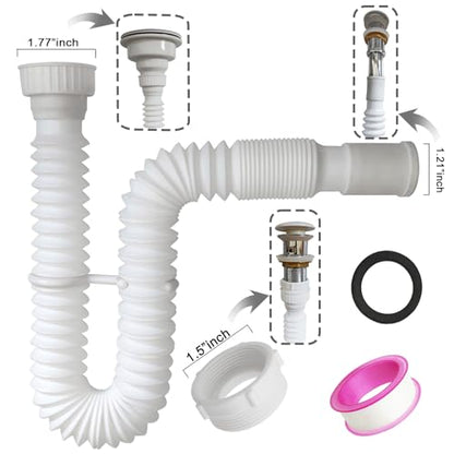 White Flexible Expandable Bathroom P Trap, 1 1/4 to 1 1/2 Sink Drain Adapter Included, Wash Basin Rubber Tips Sink Drain Pipe, Universal Extension Tube for Kitchen Bathroom Sink Sewer Drain - color: White