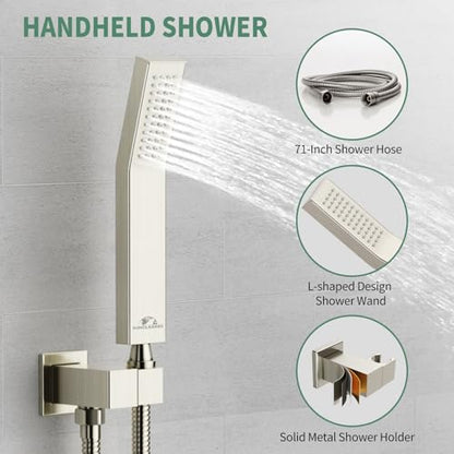 SunCleanse Rainfall Shower System Brushed Nickel Ceiling Mounted Shower System Combo Set with High Pressure 12 Inches Square Rain Shower Head Handheld and Shower Faucet Rough-in Mixer Valve and Trim | Ceiling mounted shower combo set featuring a 12" rainf