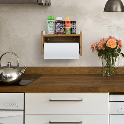 MyGift Acacia Wood Paper Towel Holder with Shelf, Wall Mounted Rack | Top shelf stores spices, oils, and kitchen essentials while the lower bar provides convenient roll access to save space - color: Premium Acacia Wood