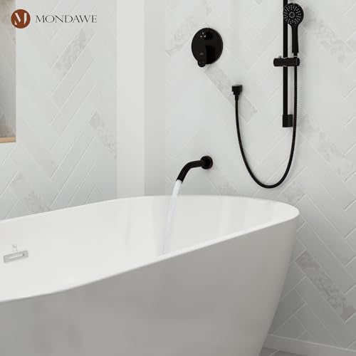 MONDAWE 9 Inch Wall Mounted Shower Faucet Set with Tub Spout in Oil Rubbed Bronze, Rainfall Shower Head with 3-Setting Handheld Spray Shower Combo, High Pressure Shower System with Solid Brass Valve - color: Oil Rubbed Bronze, style: 9 IN - With Tub Spout