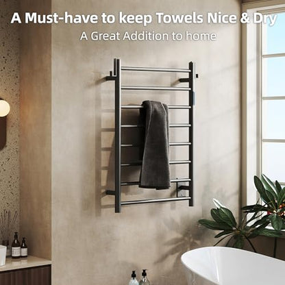 P&Dlusir EL13 Heated Towel Rack, Matte Black, 8 Bar | Fast Heat in 2 Min, Smart Timer, Thermo Control, Memory Functoion, Stainless Steel, Hard-Wired/Plug-in - color: Matte Black, size: 21.65"W x 31.54"H