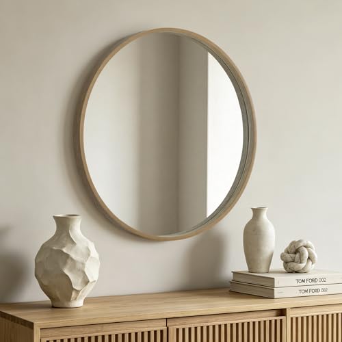 HOMECOOKIN Round Wood Mirror 28 inch Circle Mirror, Rustic Farmhouse Wooden Framed Natural Decorative Wall Decor, Vanity Wall Mirror for Bathroom, Bedroom, Entryway, Living Room (Honey) - color: Honey, size: 28"L x 28"W