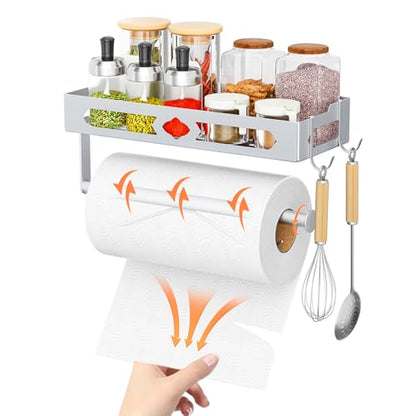 Wall Mount Paper Towel Holder with Shelf for Bathroom Kitchen,Silver 2Hooks | Metal Spice Rack, Easy One-Hand Tear Design Mounted Hanging Hand Paper Towel Roll Holder for RV, Home(Self Adhesive or Drill) - color: Silver