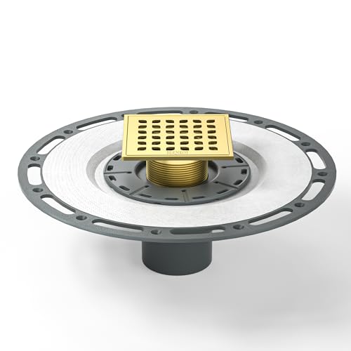 Square Shower Drain w/PVC Bonding Flange Base, 4" Gold | 304 Stainless Steel Drain w/ Drain Key for Low Profile Shower Tiles, CUPC Certified - color: Polished Gold4"