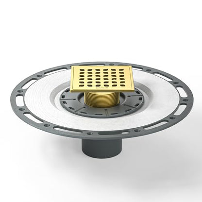 Square Shower Drain w/PVC Bonding Flange Base, 4" Gold | 304 Stainless Steel Drain w/ Drain Key for Low Profile Shower Tiles, CUPC Certified - color: Polished Gold4"