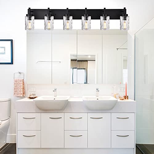 BONLICHT Transitional Bath Vanity Light Fixture 6 Light Black Wall Sconce Bathroom Lighting with Clear Hammered Glass, Industrial Farmhouse Metal Wall Mount Light for Kitchen Living Room Dining Room - color: Black, size: 6 Lights