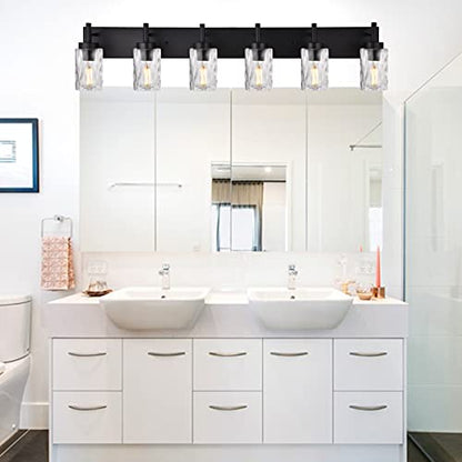 BONLICHT Transitional Bath Vanity Light Fixture 6 Light Black Wall Sconce Bathroom Lighting with Clear Hammered Glass, Industrial Farmhouse Metal Wall Mount Light for Kitchen Living Room Dining Room - color: Black, size: 6 Lights