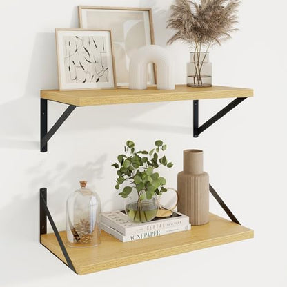 20 Inch Floating Shelves, 10 Inch Deep Oak Wall Shelves Set of 2 | 20'' x 10'' Rustic Wood Shelves with Heavy Duty Brackets, Deep Shelves for Bathroom, Living Room, Engineered Wood, 35LBS - color: Oak, size: 20W x 10D