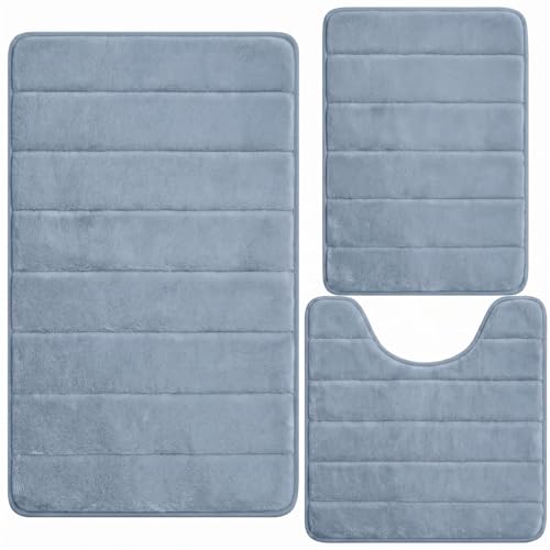 Bathroom Rugs Set 3 Piece, Memory Foam Bath Rugs, Non Slip Washable Bathroom Rug Set, Extra Soft Absorbent Bath Mats with U-Shaped Toilet Rug, Dusty Blue - color: Dusty Blue