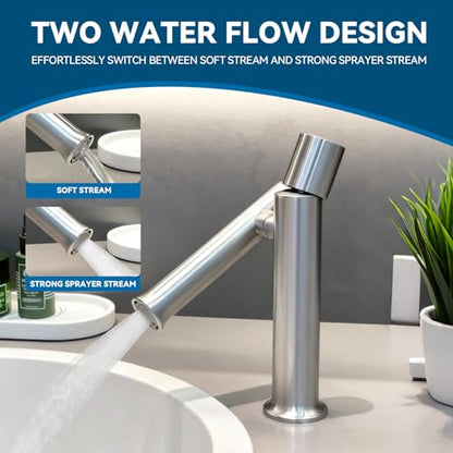 360° Rotatable Bathroom Sink Faucet, Bathroom Faucets 1 Hole 2 Water Outlet Modes, Single Handle Bathroom Faucets with Hot and Cold Hoses - color: Nickel