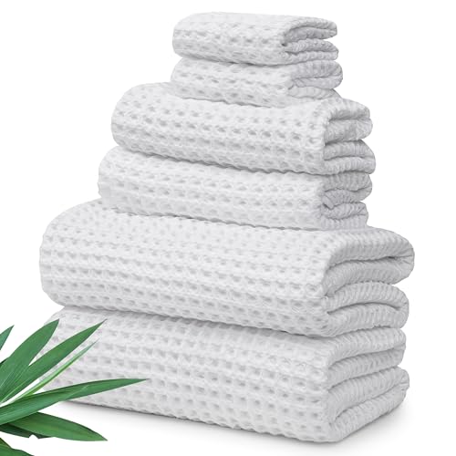 Alusa Home Ultra Soft Viscose from Bamboo Waffle Towels - Lightweight Bath Towel Set of 6 - Compact, Quick Dry & Lint Free (White) - color: White