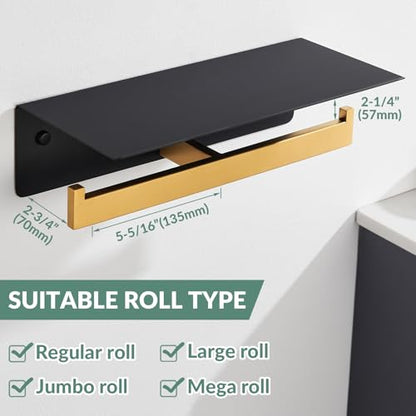 Double Toilet Paper Holder with Phone Shelf, 304 Stainless Steel Bathroom Tissue Hanger, Wall Mounted Dual Roll Paper Dispenser, Black & Gold - color: Black With Gold, size: Double Rod