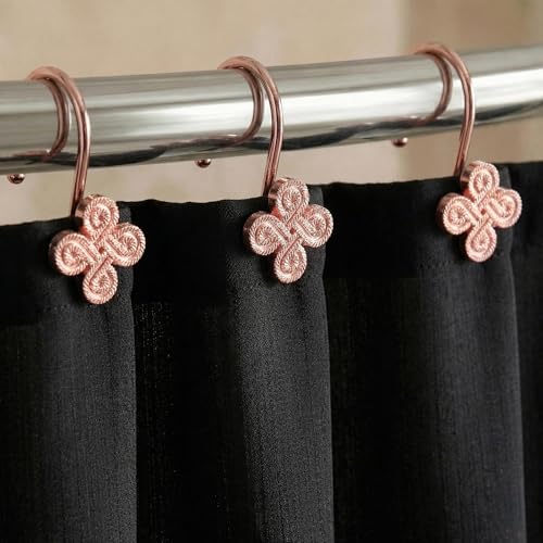 Rose Gold Shower Curtain Hooks: Rust Proof Metal Curtain Rings, 12Pcs | Stylish Clover Knot Decorative Shower Hooks, Elegant Flower Hanging Hangers for Shower Rod, Gift for Modern Bathroom Decor - color: Rose Gold
