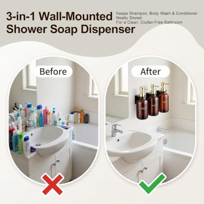 Amber Shampoo and Conditioner Dispenser Set of 3 | Gold Pumps, 16.9 oz Refillable Bottles, No-Drill Wall Mount, For Bathrooms, Hotels and Airbnbs - color: Dark Amber + Gold Pump