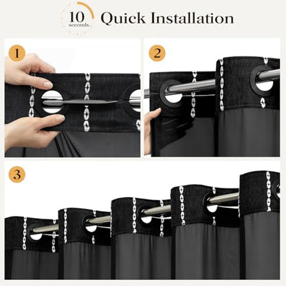 72x81 Ringless Boho Shower Curtain with Snap in Liner, Black and White | Tall Size, Farmhouse Striped Tassel Design, Thick Linen Blend, 3 in 1 Shower Curtain, Waterproof, Washable, Sheer Window - color: Black, size: 72"W x 81"L (Pack of 1)