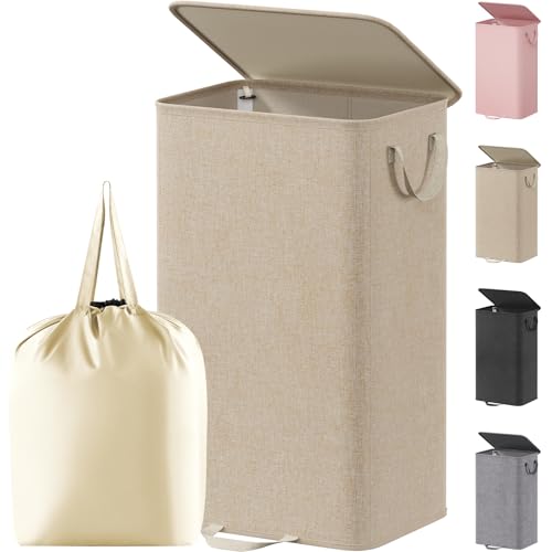 Lifewit Single Laundry Hamper with Lid and Removable Laundry Bags, Large Collapsible 1 Dividers Dirty Clothes Basket with Handles for Bedroom Laundry Room Closet Bathroom College, 100L Beige - color: Beige, size: 100L