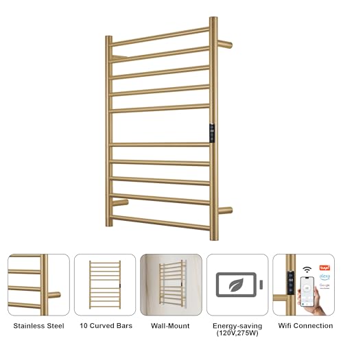 Electric Towel Rack with Voice Control for Alexa & Google Home,TUYA-Wall-Mounted Bathroom Heating Towel Warmer,Stainless Steel Material,31.5x20.08x4.41in,Plug-in,Gold，10 Bars - color: Gold With Wifi, size: 10 Bar