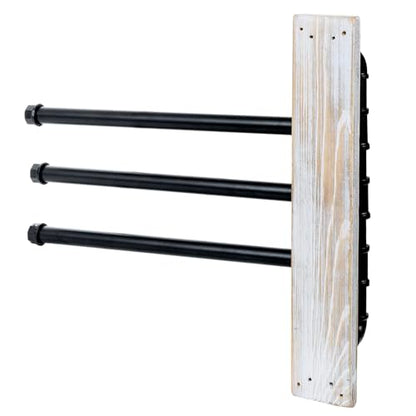 MyGift Swivel Towel Rack, Wall Mounted Towel Holder with 3 Tier Industrial Metal Pipe Towel Bars, Wooden Base Rustproof Swing Out Towel Hanger for Bathroom, Kitchen, Pool (White) - color: Whitewashed / Black
