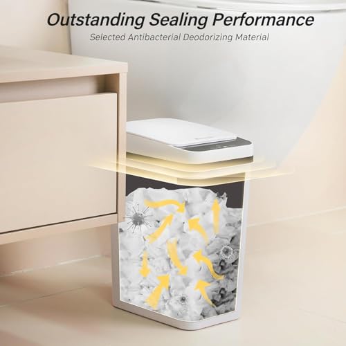 FRESHLIX Bathroom Garbage Can with Lid, 2.6 Gallon Diaper Trash Can, Automatic Trash Cans Touchless, Slim Waterproof Smart Commercial Trash Can for Bedroom, Bathroom, Office, Living Room, Toilet, RV - color: A-Basic Battery Supply-White, size: 1 Pack(2.6
