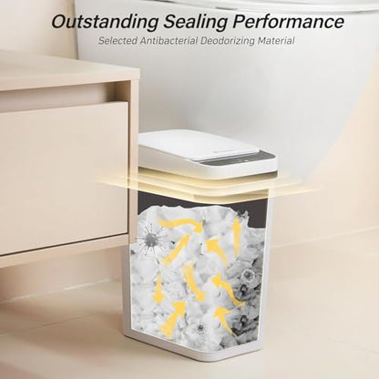 FRESHLIX Bathroom Garbage Can with Lid, 2.6 Gallon Diaper Trash Can, Automatic Trash Cans Touchless, Slim Waterproof Smart Commercial Trash Can for Bedroom, Bathroom, Office, Living Room, Toilet, RV - color: A-Basic Battery Supply-White, size: 1 Pack(2.6