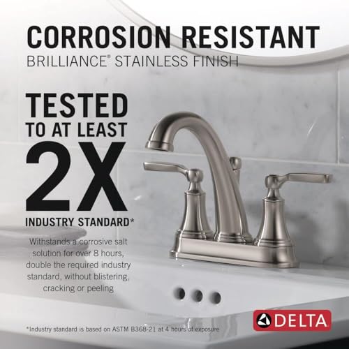 Delta Woodhurst Centerset Brushed Nickel Bathroom Faucet, 4 Inch 3 Hole Bathroom Sink Faucet for Vanity, Metal Push-Pop Drain Assembly, Stainless 2532LF-SSMPU