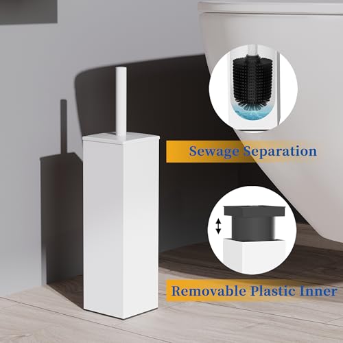 RUACQ Toilet Brush and Holder Set, Square, White | SUS304 Stainless Steel Handle, Toilet Cleaner Brush with Durable Scrubbing Bristles, Splash-Proof - color: White, size: 1 pack