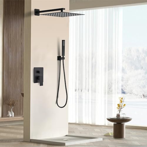 Matte Black Shower System 16 Inch Bathroom Luxury Rain Mixer Shower Combo Set Wall Mounted Rainfall Shower Head and Handheld System Shower Faucet Set Rough-in Valve Body and Trim Kit - color: Matte Black, size: 16 Inch