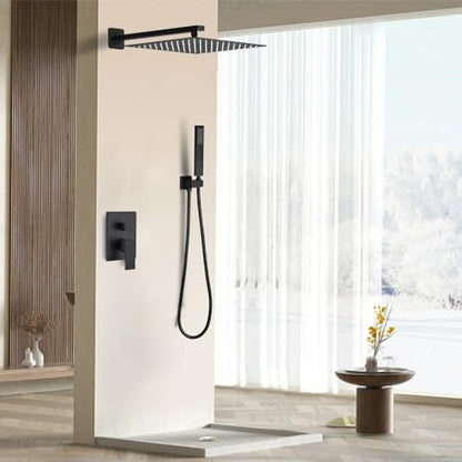 Matte Black Shower System 16 Inch Bathroom Luxury Rain Mixer Shower Combo Set Wall Mounted Rainfall Shower Head and Handheld System Shower Faucet Set Rough-in Valve Body and Trim Kit - color: Matte Black, size: 16 Inch